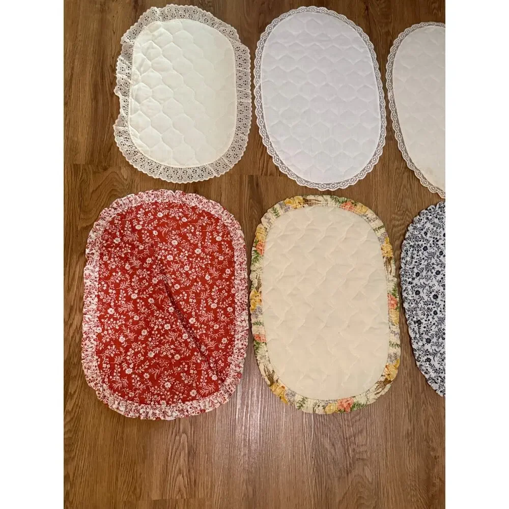 Lot of 8 Vintage Quilted Oval Table Placemats Doilies Lace Floral Cottage